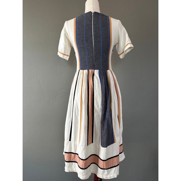 Piper & Scoot Cotton Midi Dress XS India Geometric Boho White Grey Peach - Picture 2 of 13